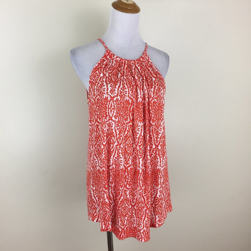 JOIE Orange White Print High Neck A Line Loose Fit Sleeveless Tank Top